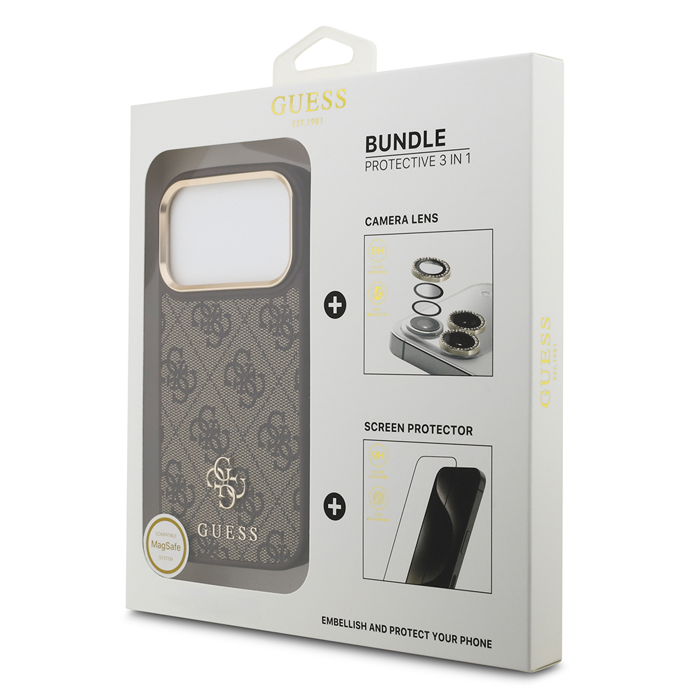 Apple iPhone 17 Pro Guess Orjinal Lisanslı 4G ve Yazı Logolu Kılıf + Ekran Koruyucu + Lens Koruyucu 3in1 Aksesuar Seti - 3