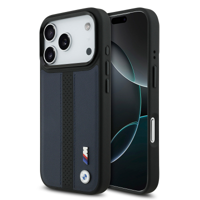 Apple iPhone 17 Pro Kılıf BMW Orjinal Lisanslı M-safe Şarj Özellikli Deri Arka Yüzey Metal Logolu Delikli Şerit Tasarımlı Kapak Lacivert
