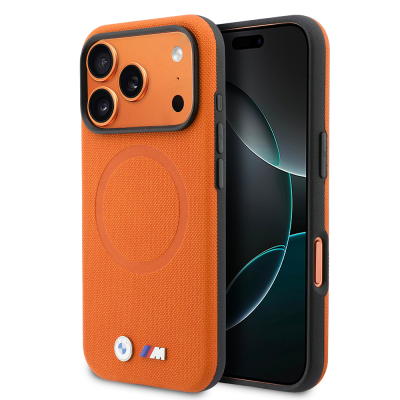 Apple iPhone 17 Pro Kılıf BMW Orjinal Lisanslı M-safe Şarj Özellikli Halka Tasarımlı M Logolu PU Deri Kapak Turuncu