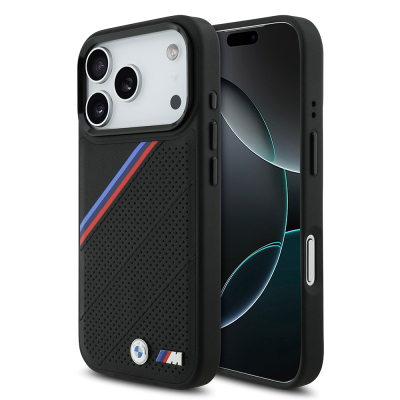 Apple iPhone 17 Pro Kılıf BMW Orjinal Lisanslı M-safe Şarj Özellikli M Logolu Üç Şeritli Delikli Deri Kapak Siyah