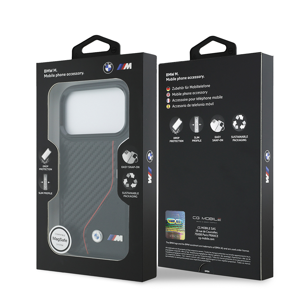 Apple iPhone 17 Pro Kılıf BMW Orjinal Lisanslı M-safe Şarj Özellikli Metal BMW ve M Logolu PU Karbon Tasarımlı Kapak - 9
