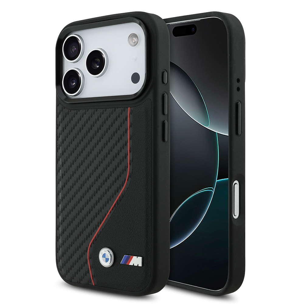 Apple iPhone 17 Pro Kılıf BMW Orjinal Lisanslı M-safe Şarj Özellikli Metal BMW ve M Logolu PU Karbon Tasarımlı Kapak - 1
