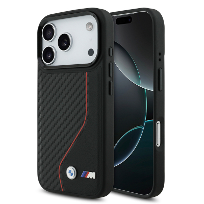 Apple iPhone 17 Pro Kılıf BMW Orjinal Lisanslı M-safe Şarj Özellikli Metal BMW ve M Logolu PU Karbon Tasarımlı Kapak Kırmızı