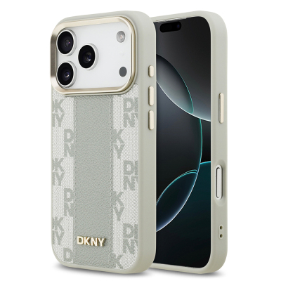 Apple iPhone 17 Pro Kılıf DKNY Orjinal Lisanslı M-safe Şarj Özellikli 3D Yazılı Checkered Pattern Kapak Bej