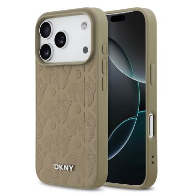 Apple iPhone 17 Pro Kılıf DKNY Orjinal Lisanslı M-safe Şarj Özellikli 3D Yazılı Grid Pattern Kapak Kahverengi