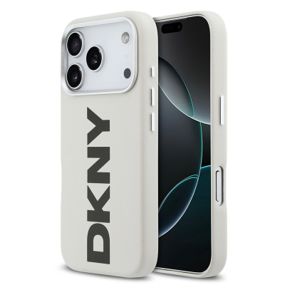 Apple iPhone 17 Pro Kılıf DKNY Orjinal Lisanslı M-safe Şarj Özellikli PU Büyük Dikey Logolu Kapak Beyaz