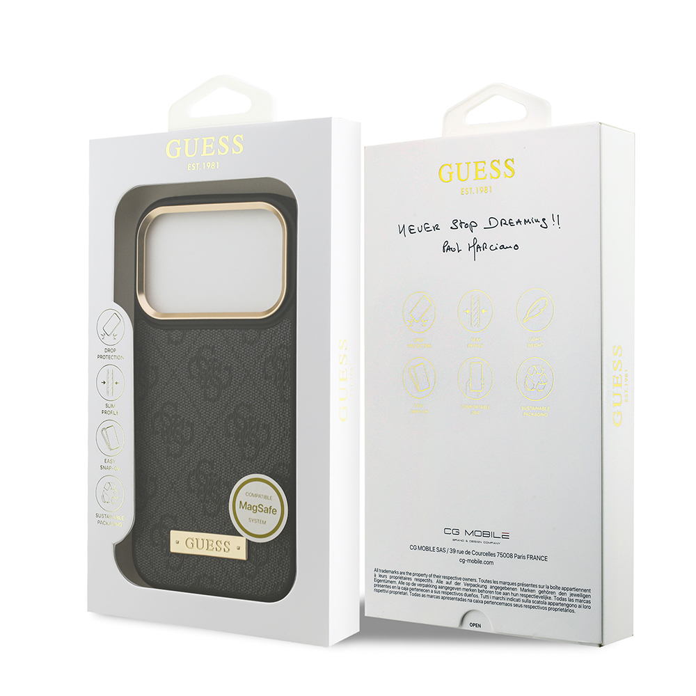 Apple iPhone 17 Pro Kılıf Guess Orjinal Lisanslı M-safe Şarj Özellikli 4G Desenli PU Metal Plaka Klasik Logolu Kapak - 23