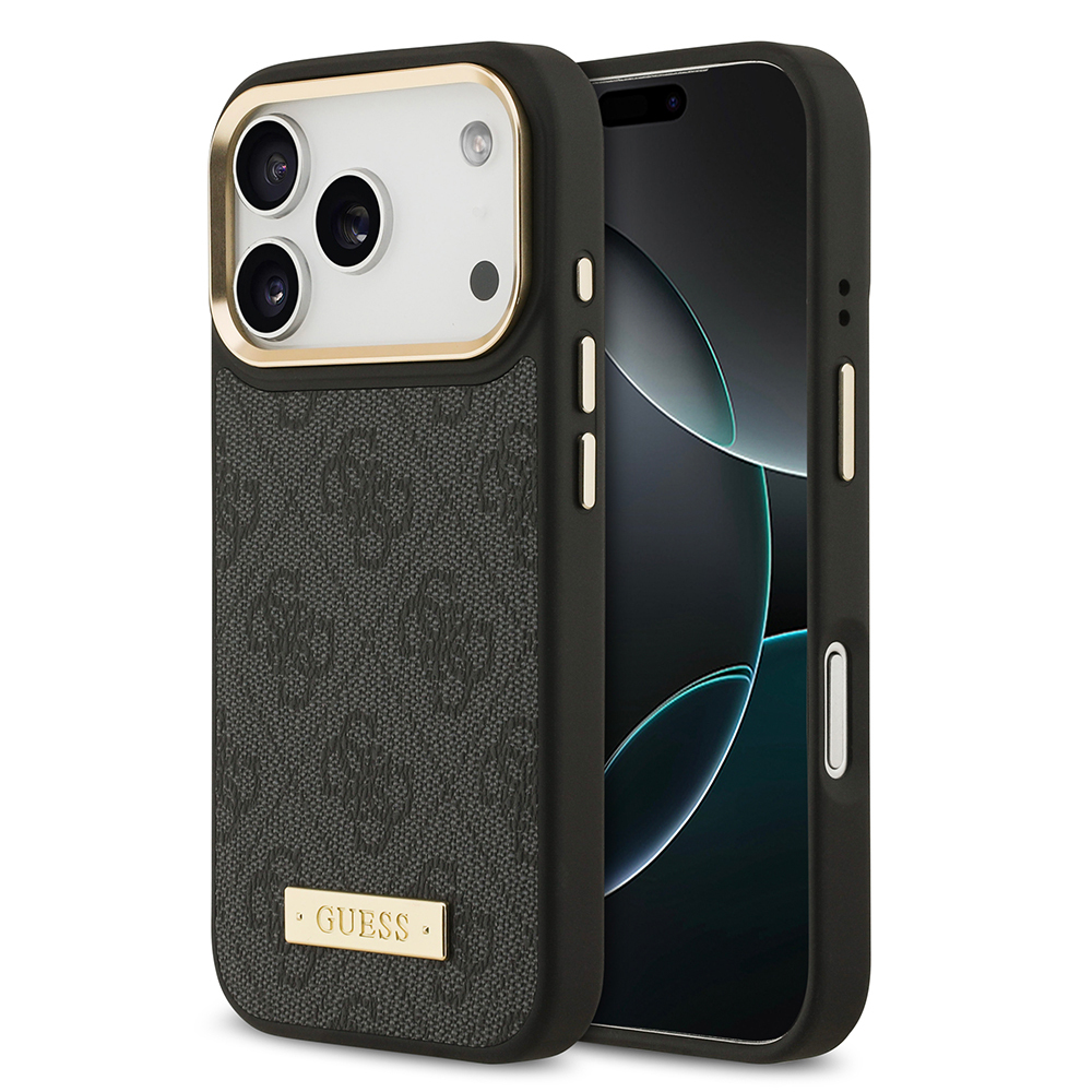 Apple iPhone 17 Pro Kılıf Guess Orjinal Lisanslı M-safe Şarj Özellikli 4G Desenli PU Metal Plaka Klasik Logolu Kapak - 1