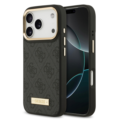 Apple iPhone 17 Pro Kılıf Guess Orjinal Lisanslı M-safe Şarj Özellikli 4G Desenli PU Metal Plaka Klasik Logolu Kapak Siyah