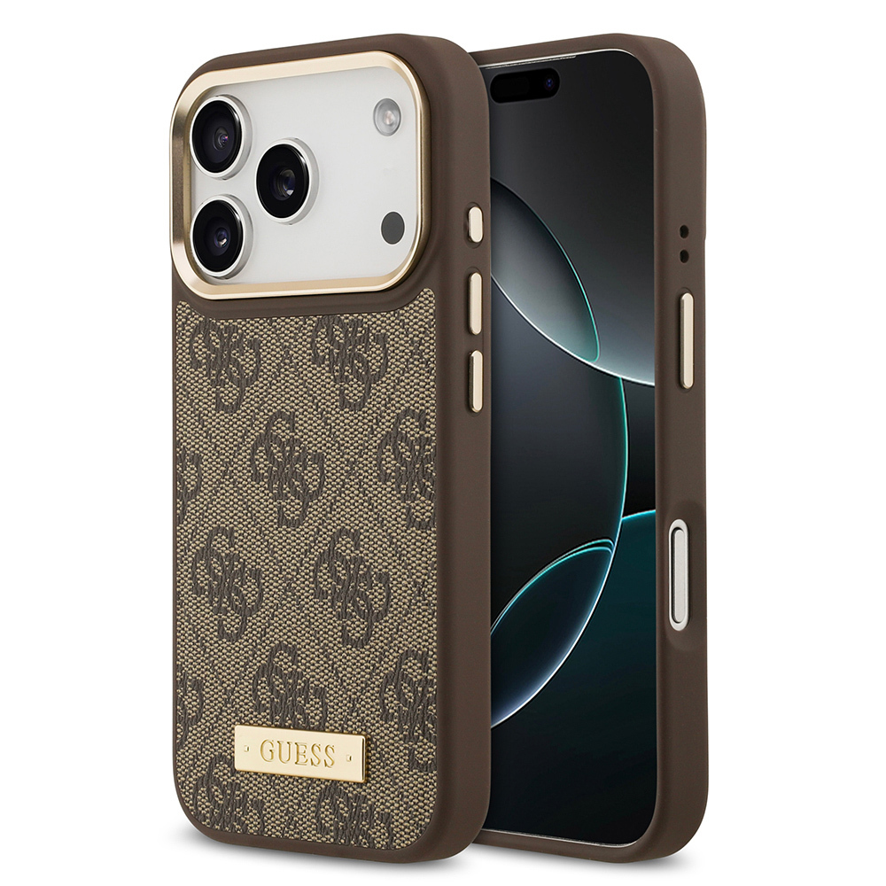 Apple iPhone 17 Pro Kılıf Guess Orjinal Lisanslı M-safe Şarj Özellikli 4G Desenli PU Metal Plaka Klasik Logolu Kapak - 3