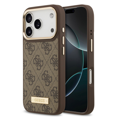 Apple iPhone 17 Pro Kılıf Guess Orjinal Lisanslı M-safe Şarj Özellikli 4G Desenli PU Metal Plaka Klasik Logolu Kapak Kahverengi