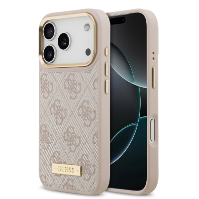 Apple iPhone 17 Pro Kılıf Guess Orjinal Lisanslı M-safe Şarj Özellikli 4G Desenli PU Metal Plaka Klasik Logolu Kapak Pembe