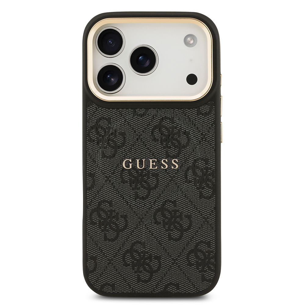 Apple iPhone 17 Pro Kılıf Guess Orjinal Lisanslı M-safe Şarj Özellikli Gold Metal Kamera Çerçeveli PU Deri 4G Desenli Yazı Logolu Kapak - 4