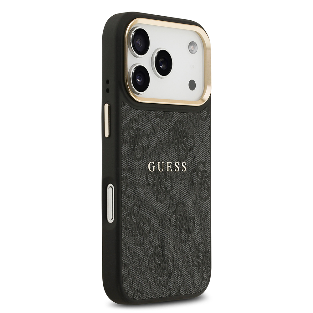 Apple iPhone 17 Pro Kılıf Guess Orjinal Lisanslı M-safe Şarj Özellikli Gold Metal Kamera Çerçeveli PU Deri 4G Desenli Yazı Logolu Kapak - 5