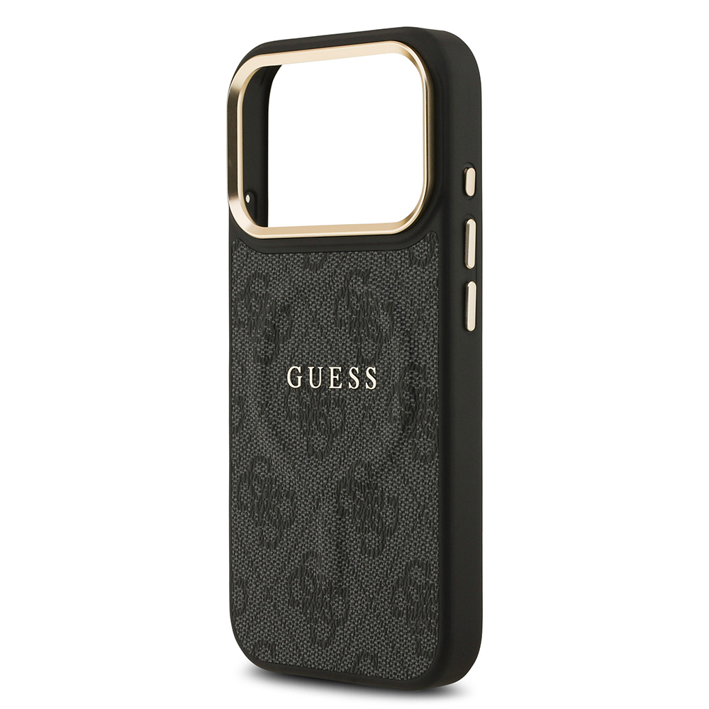 Apple iPhone 17 Pro Kılıf Guess Orjinal Lisanslı M-safe Şarj Özellikli Gold Metal Kamera Çerçeveli PU Deri 4G Desenli Yazı Logolu Kapak - 7