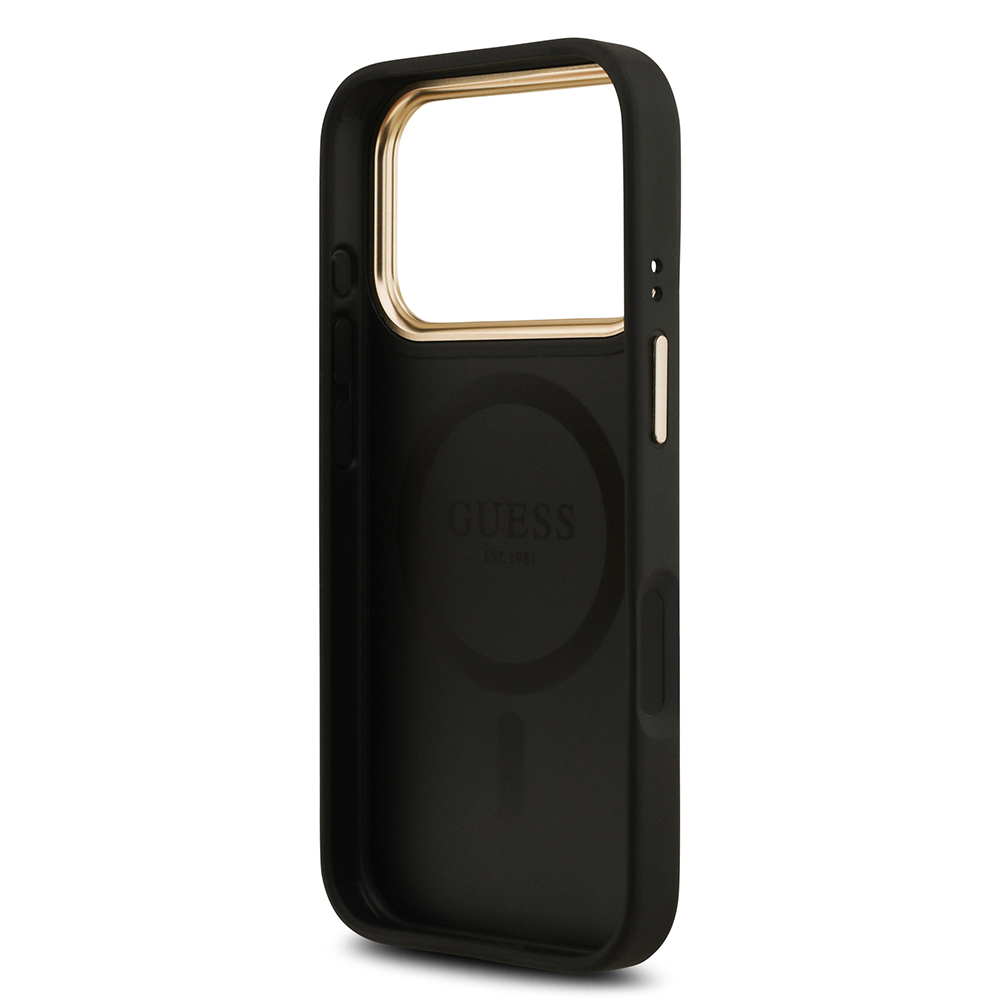 Apple iPhone 17 Pro Kılıf Guess Orjinal Lisanslı M-safe Şarj Özellikli Gold Metal Kamera Çerçeveli PU Deri 4G Desenli Yazı Logolu Kapak - 8