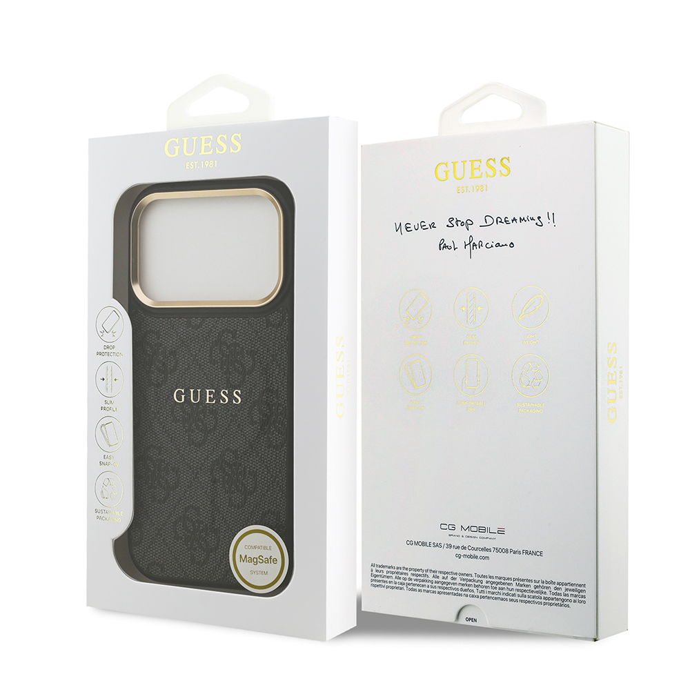 Apple iPhone 17 Pro Kılıf Guess Orjinal Lisanslı M-safe Şarj Özellikli Gold Metal Kamera Çerçeveli PU Deri 4G Desenli Yazı Logolu Kapak - 16