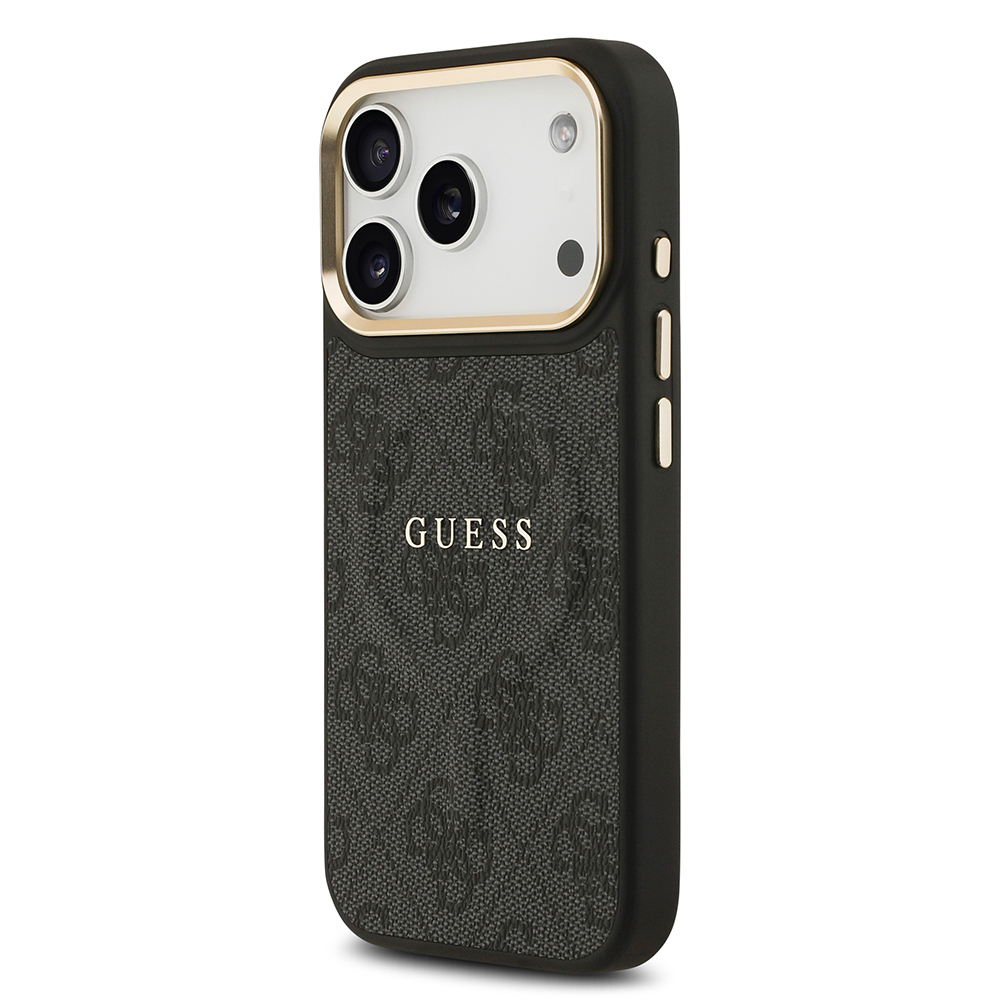 Apple iPhone 17 Pro Kılıf Guess Orjinal Lisanslı M-safe Şarj Özellikli Gold Metal Kamera Çerçeveli PU Deri 4G Desenli Yazı Logolu Kapak - 9