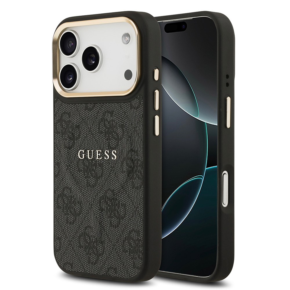 Apple iPhone 17 Pro Kılıf Guess Orjinal Lisanslı M-safe Şarj Özellikli Gold Metal Kamera Çerçeveli PU Deri 4G Desenli Yazı Logolu Kapak - 2