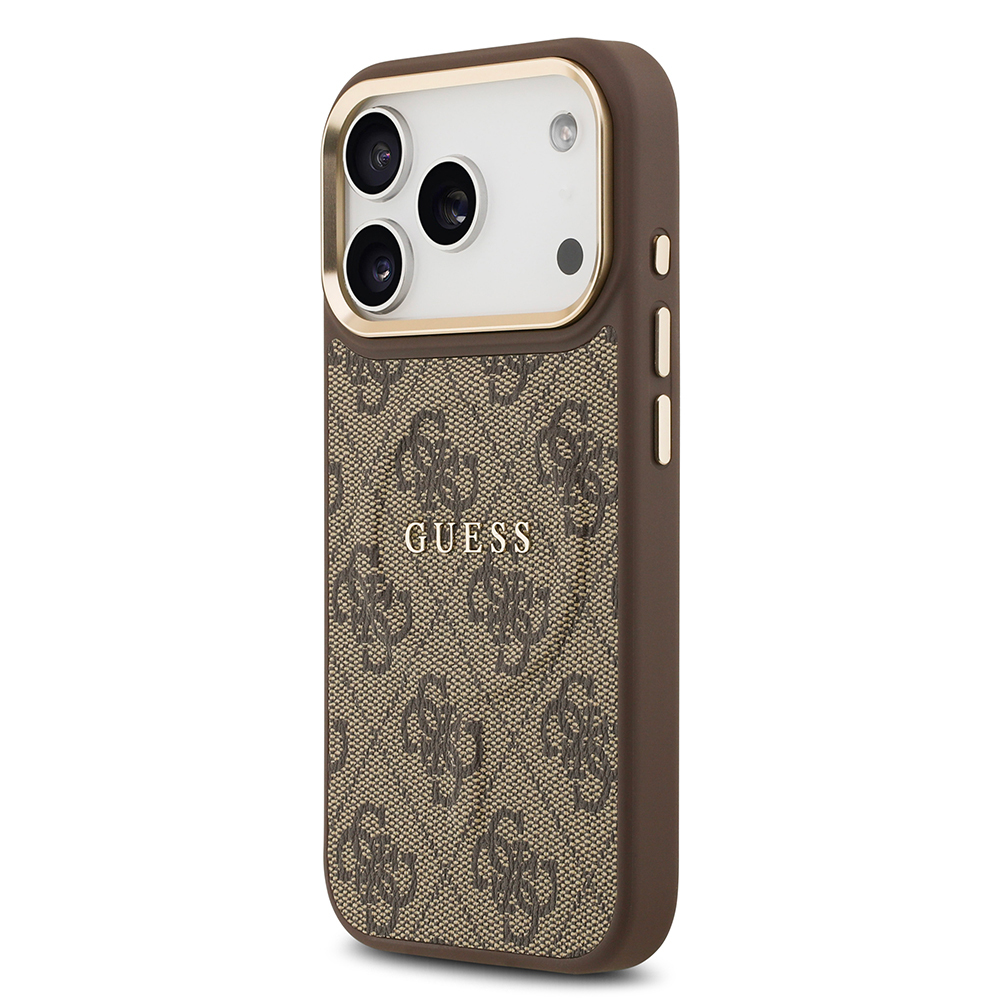 Apple iPhone 17 Pro Kılıf Guess Orjinal Lisanslı M-safe Şarj Özellikli Gold Metal Kamera Çerçeveli PU Deri 4G Desenli Yazı Logolu Kapak - 10