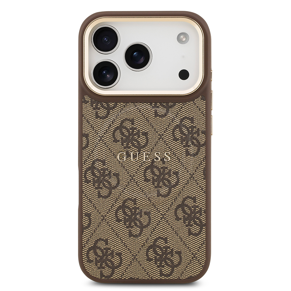 Apple iPhone 17 Pro Kılıf Guess Orjinal Lisanslı M-safe Şarj Özellikli Gold Metal Kamera Çerçeveli PU Deri 4G Desenli Yazı Logolu Kapak - 11