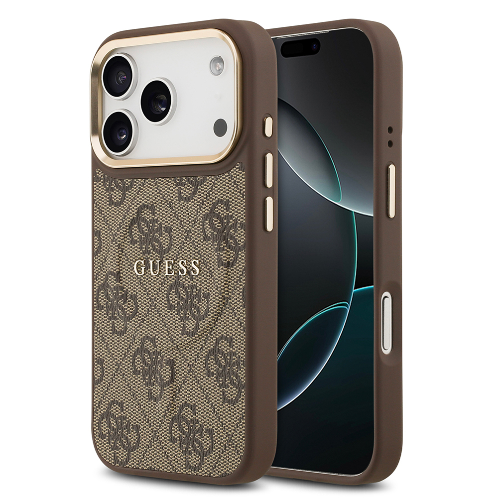 Apple iPhone 17 Pro Kılıf Guess Orjinal Lisanslı M-safe Şarj Özellikli Gold Metal Kamera Çerçeveli PU Deri 4G Desenli Yazı Logolu Kapak - 3