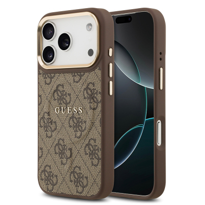 Apple iPhone 17 Pro Kılıf Guess Orjinal Lisanslı M-safe Şarj Özellikli Gold Metal Kamera Çerçeveli PU Deri 4G Desenli Yazı Logolu Kapak Kahverengi