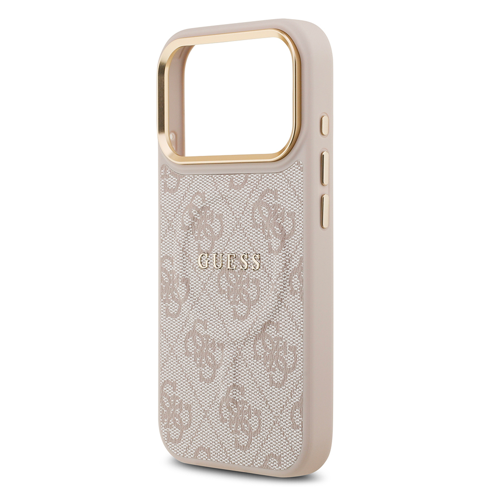 Apple iPhone 17 Pro Kılıf Guess Orjinal Lisanslı M-safe Şarj Özellikli Gold Metal Kamera Çerçeveli PU Deri 4G Desenli Yazı Logolu Kapak - 31