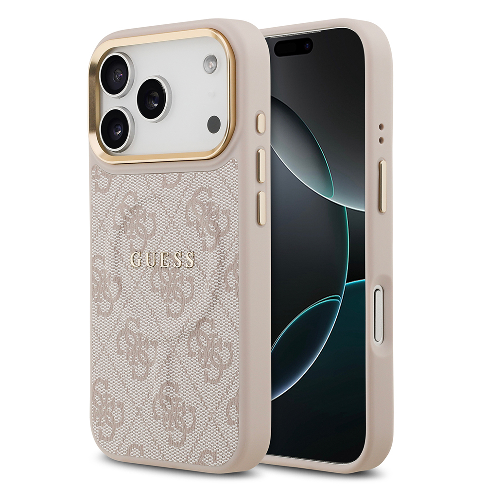 Apple iPhone 17 Pro Kılıf Guess Orjinal Lisanslı M-safe Şarj Özellikli Gold Metal Kamera Çerçeveli PU Deri 4G Desenli Yazı Logolu Kapak - 5