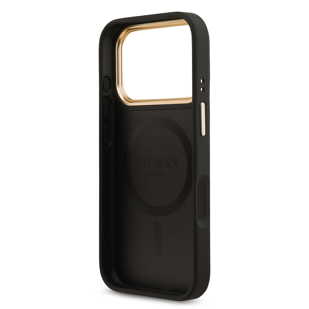 Apple iPhone 17 Pro Kılıf Guess Orjinal Lisanslı M-safe Şarj Özellikli Gold Metal Kamera Çerçeveli Taşlı 4G Logolu Kapak - 9