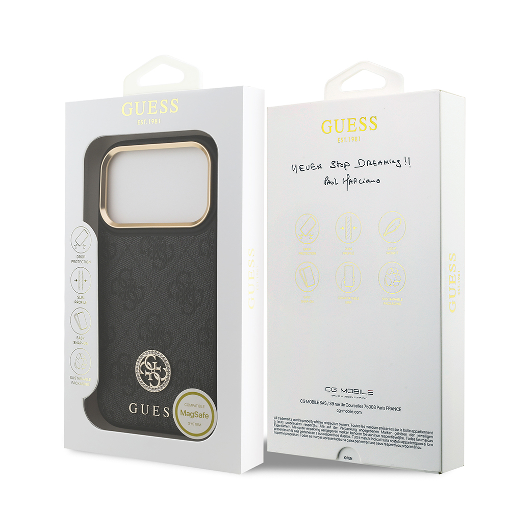 Apple iPhone 17 Pro Kılıf Guess Orjinal Lisanslı M-safe Şarj Özellikli Gold Metal Kamera Çerçeveli Taşlı 4G Logolu Kapak - 17