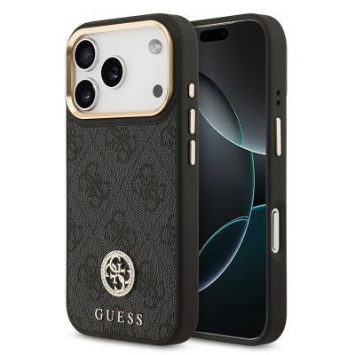 Apple iPhone 17 Pro Kılıf Guess Orjinal Lisanslı M-safe Şarj Özellikli Gold Metal Kamera Çerçeveli Taşlı 4G Logolu Kapak Siyah