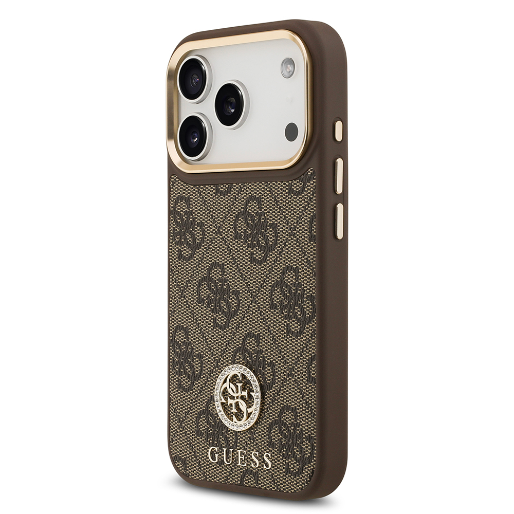 Apple iPhone 17 Pro Kılıf Guess Orjinal Lisanslı M-safe Şarj Özellikli Gold Metal Kamera Çerçeveli Taşlı 4G Logolu Kapak - 10