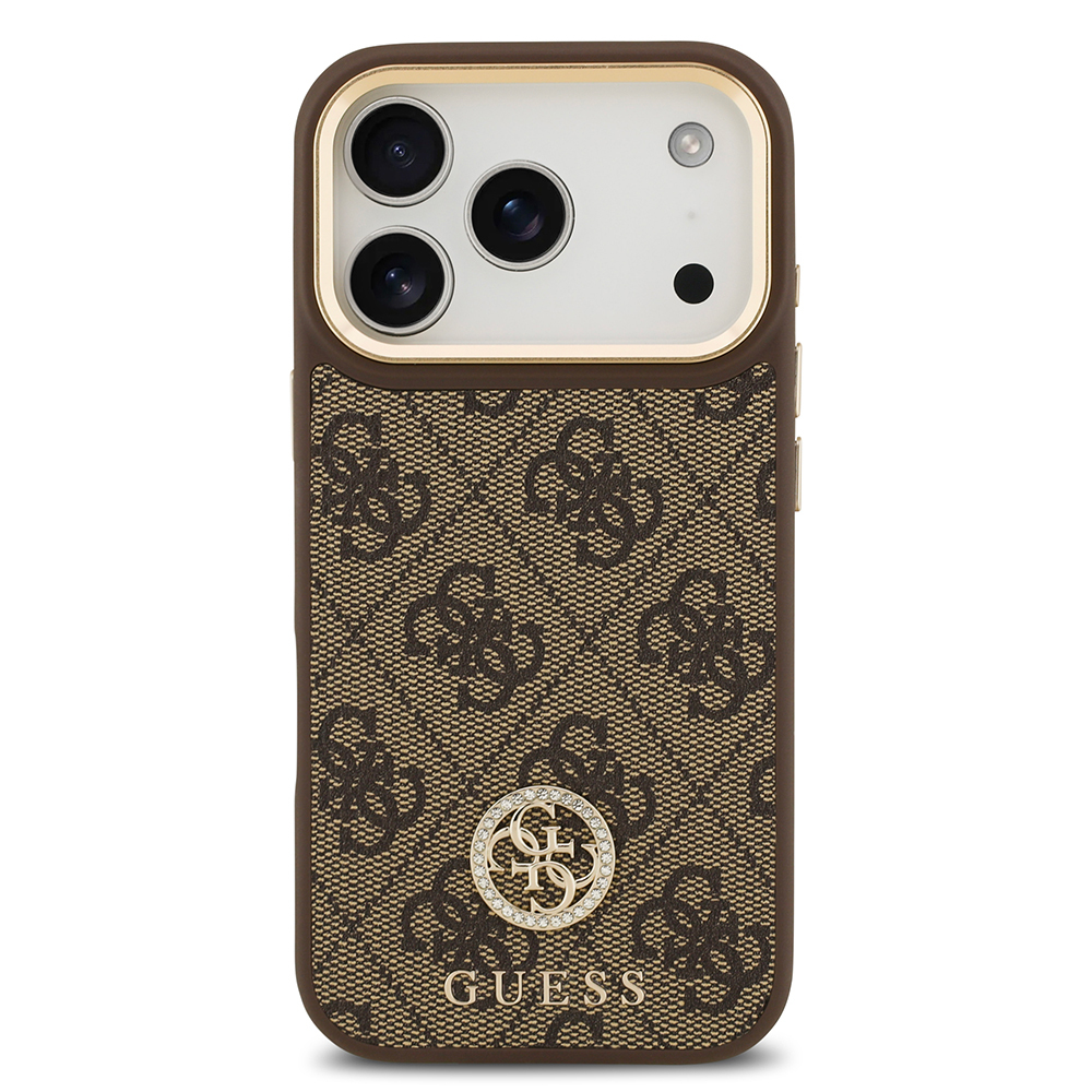 Apple iPhone 17 Pro Kılıf Guess Orjinal Lisanslı M-safe Şarj Özellikli Gold Metal Kamera Çerçeveli Taşlı 4G Logolu Kapak - 11
