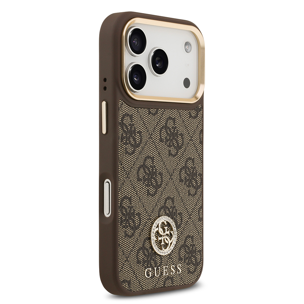 Apple iPhone 17 Pro Kılıf Guess Orjinal Lisanslı M-safe Şarj Özellikli Gold Metal Kamera Çerçeveli Taşlı 4G Logolu Kapak - 12