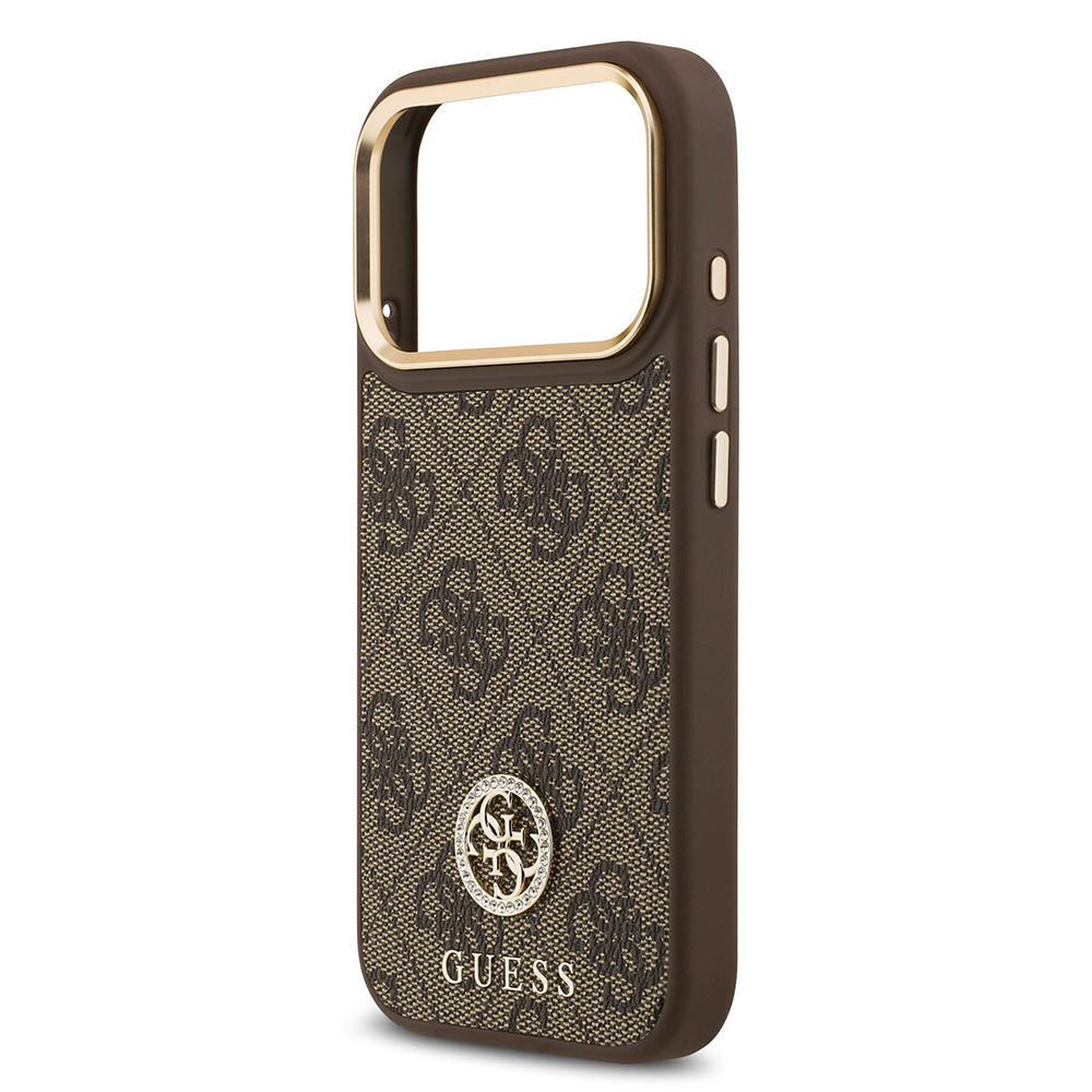 Apple iPhone 17 Pro Kılıf Guess Orjinal Lisanslı M-safe Şarj Özellikli Gold Metal Kamera Çerçeveli Taşlı 4G Logolu Kapak - 14
