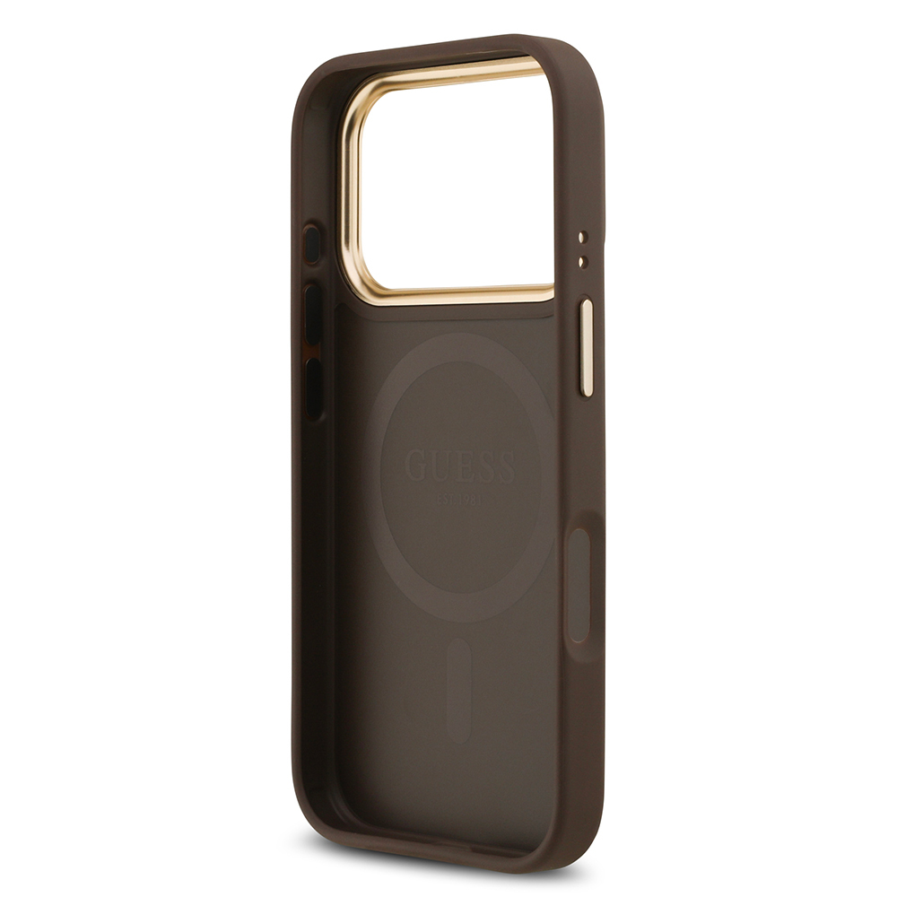 Apple iPhone 17 Pro Kılıf Guess Orjinal Lisanslı M-safe Şarj Özellikli Gold Metal Kamera Çerçeveli Taşlı 4G Logolu Kapak - 15