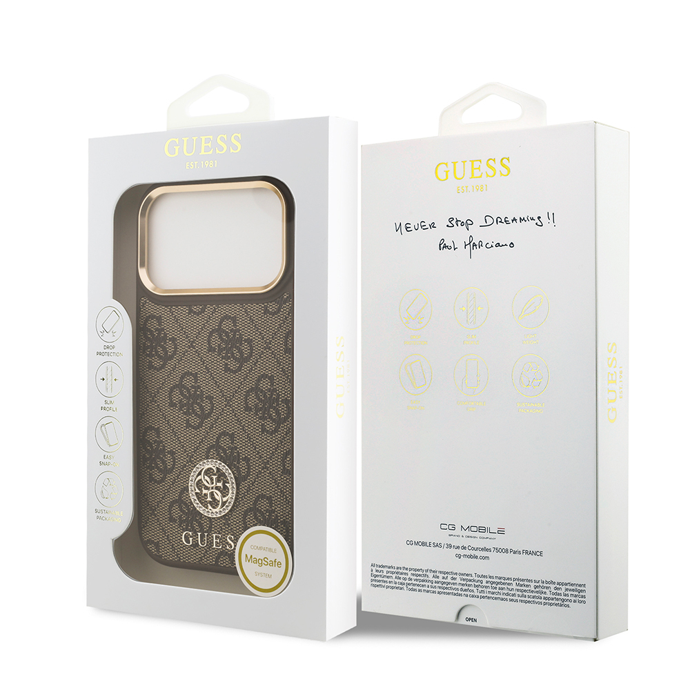 Apple iPhone 17 Pro Kılıf Guess Orjinal Lisanslı M-safe Şarj Özellikli Gold Metal Kamera Çerçeveli Taşlı 4G Logolu Kapak - 16