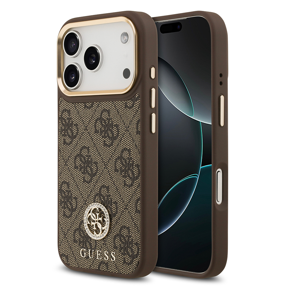 Apple iPhone 17 Pro Kılıf Guess Orjinal Lisanslı M-safe Şarj Özellikli Gold Metal Kamera Çerçeveli Taşlı 4G Logolu Kapak - 3