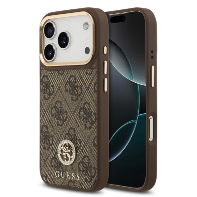 Apple iPhone 17 Pro Kılıf Guess Orjinal Lisanslı M-safe Şarj Özellikli Gold Metal Kamera Çerçeveli Taşlı 4G Logolu Kapak Kahverengi