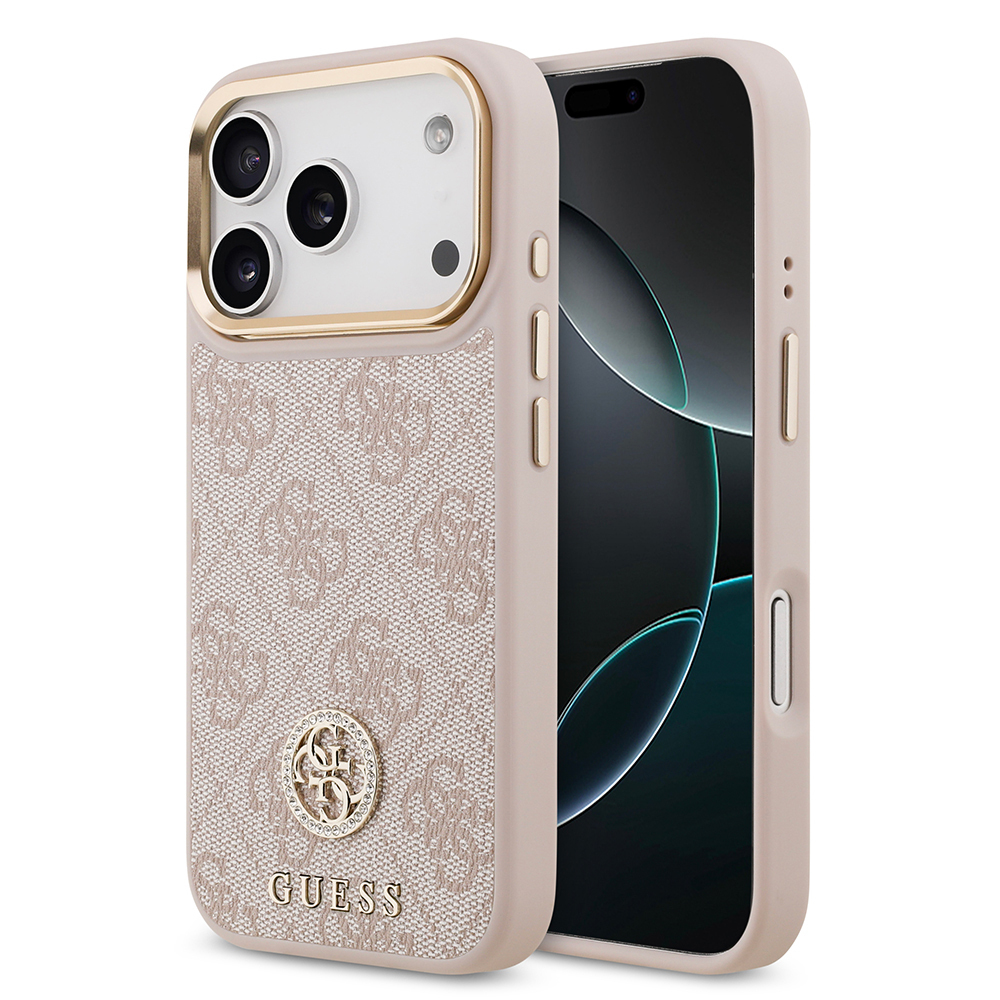 Apple iPhone 17 Pro Kılıf Guess Orjinal Lisanslı M-safe Şarj Özellikli Gold Metal Kamera Çerçeveli Taşlı 4G Logolu Kapak - 4