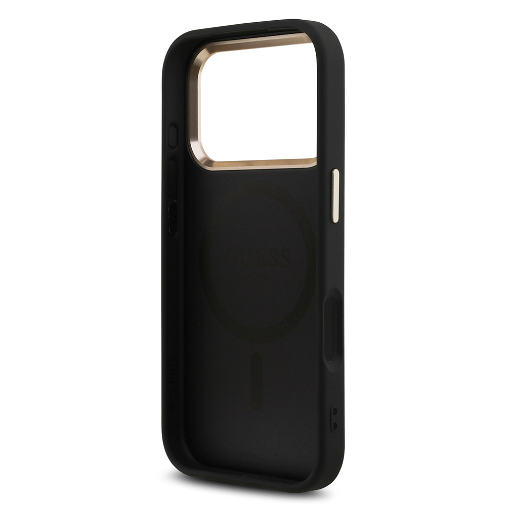 Apple iPhone 17 Pro Kılıf Guess Orjinal Lisanslı M-safe Şarj Özellikli Gold Metal Kamera Çerçeveli Taşlı Üçgen Logo 4G Desenli Kapak - 17