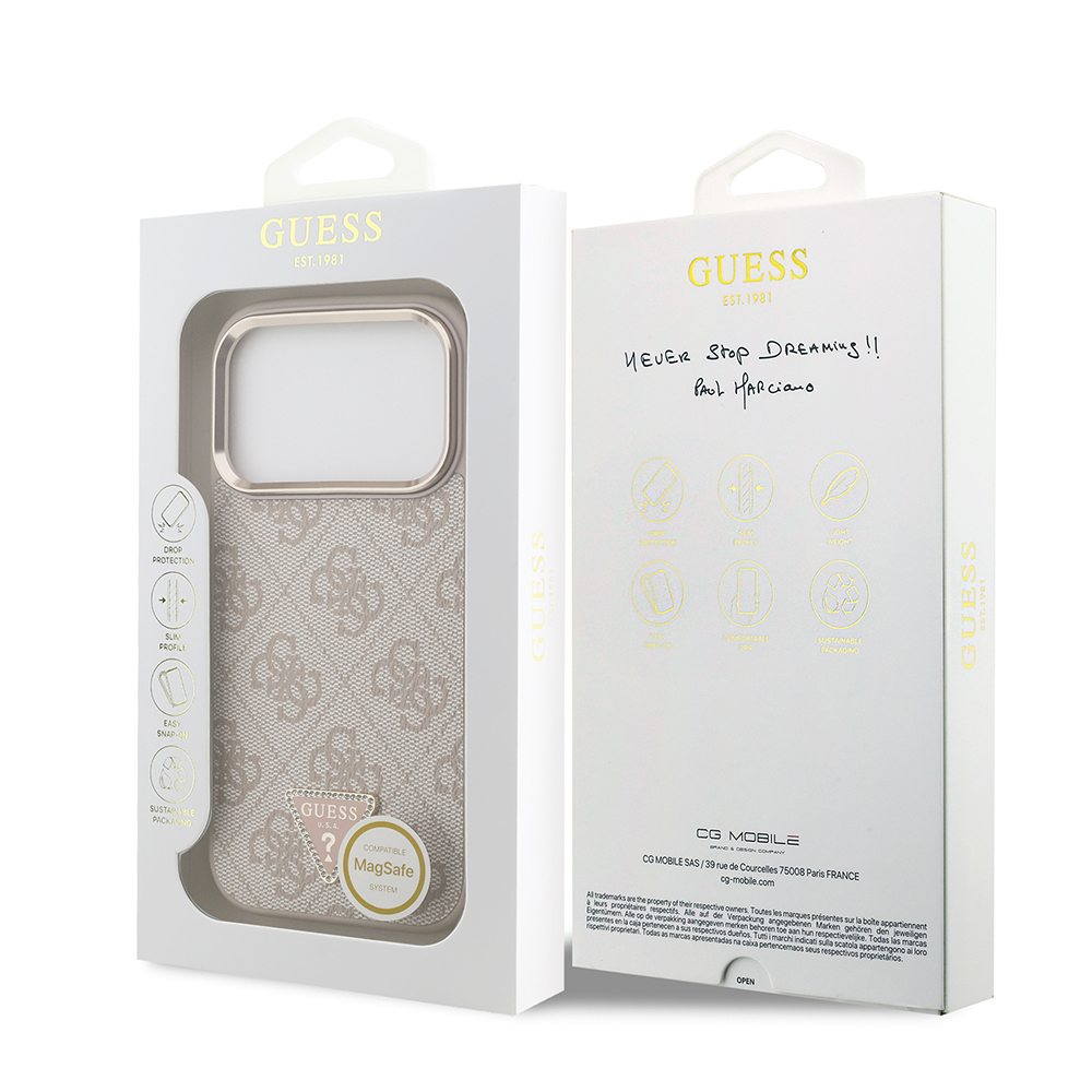 Apple iPhone 17 Pro Kılıf Guess Orjinal Lisanslı M-safe Şarj Özellikli Gold Metal Kamera Çerçeveli Taşlı Üçgen Logo 4G Desenli Kapak - 25