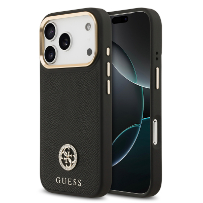 Apple iPhone 17 Pro Kılıf Guess Orjinal Lisanslı M-safe Şarj Özellikli Grained Yazı ve Taşlı 4G Logolu Kapak Siyah
