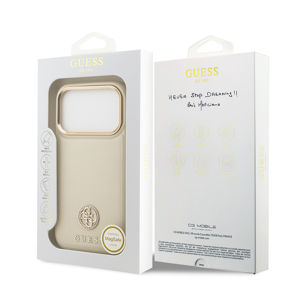 Apple iPhone 17 Pro Kılıf Guess Orjinal Lisanslı M-safe Şarj Özellikli Grained Yazı ve Taşlı 4G Logolu Kapak - 25