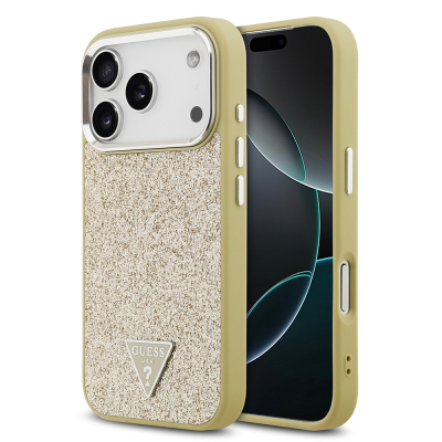Apple iPhone 17 Pro Kılıf Guess Orjinal Lisanslı M-safe Şarj Özellikli Metal Kamera Çerçeveli Üçgen Logolu Glitter Kapak Gold