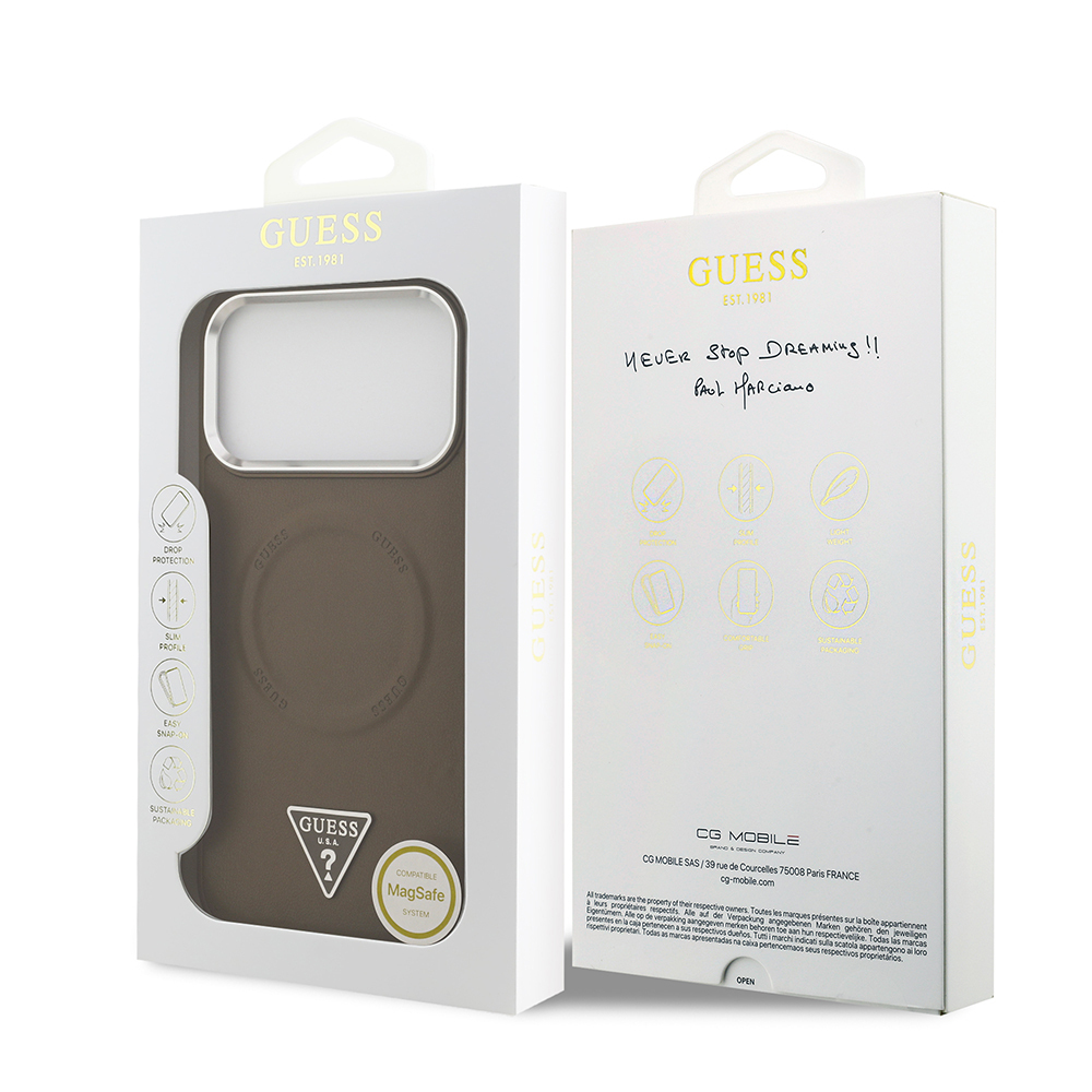 Apple iPhone 17 Pro Kılıf Guess Orjinal Lisanslı M-safe Şarj Özellikli PU Deri Metal Kamera Çerçeveli Üçgen Logolu Kapak - 17