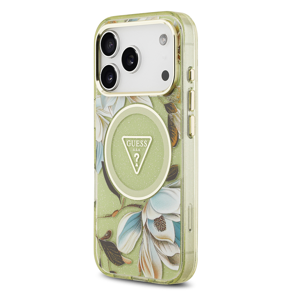 Apple iPhone 17 Pro Kılıf Guess Orjinal Lisanslı M-safe Şarj Özellikli Simli Çiçek Desenli Metal Kamera Çerçeveli Üçgen Logolu Kapak - 6