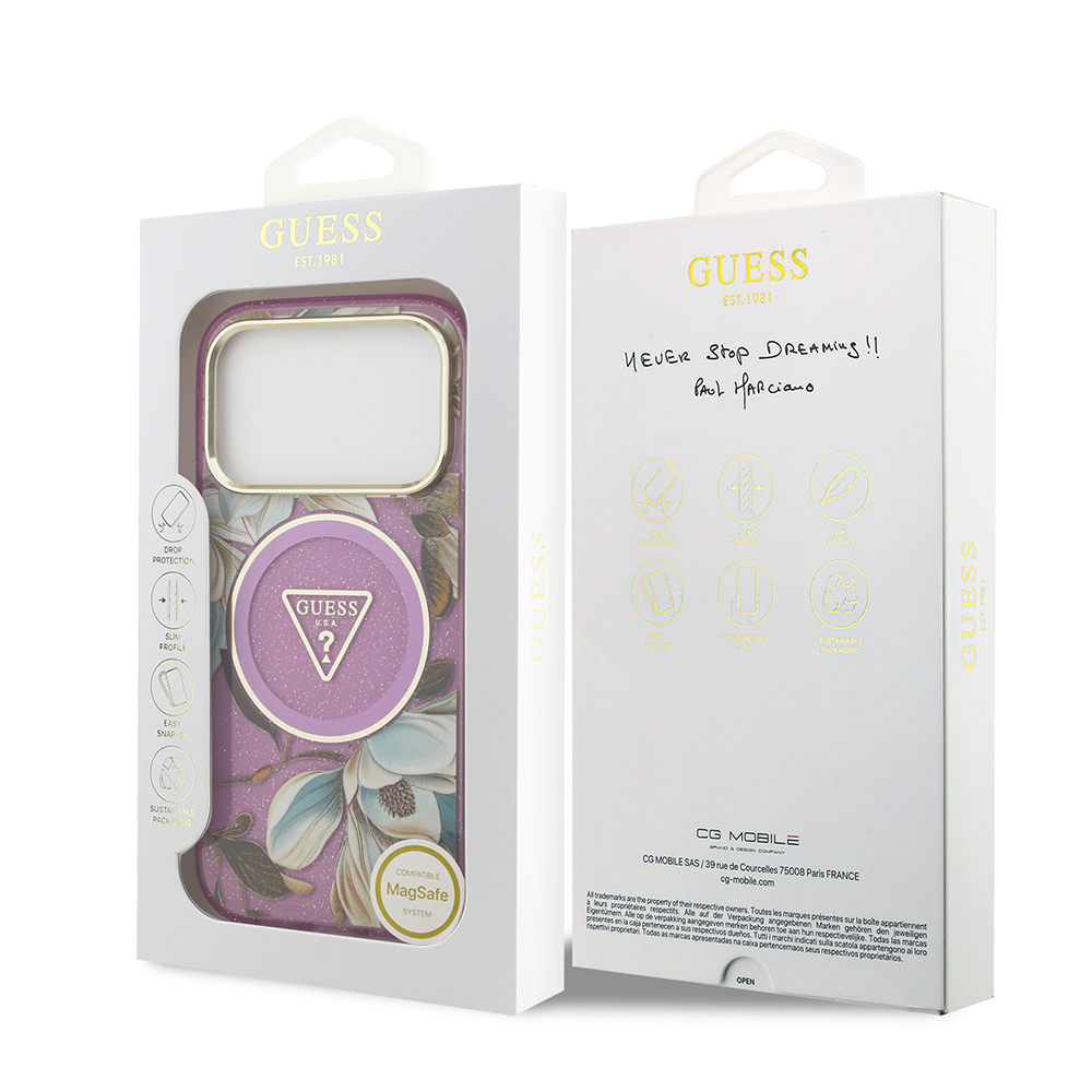 Apple iPhone 17 Pro Kılıf Guess Orjinal Lisanslı M-safe Şarj Özellikli Simli Çiçek Desenli Metal Kamera Çerçeveli Üçgen Logolu Kapak - 31