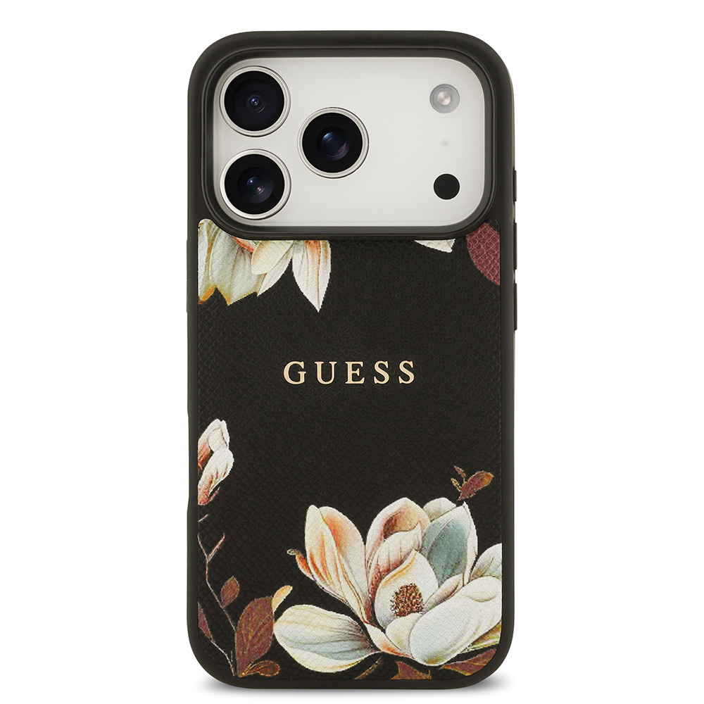 Apple iPhone 17 Pro Kılıf Guess Orjinal Lisanslı M-safe Şarj Özellikli Taneli Çiçek Tasarımlı Metal Yazı Logolu Kapak - 5
